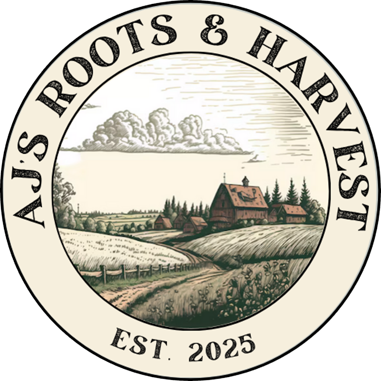 AJ’s Roots & Harvest circular illustrated logo