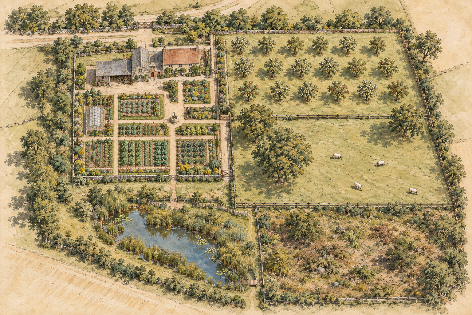 Illustrated bird’s-eye plan of a fictional smallholding, with vegetable beds, orchard, pond, pasture, trees and paths